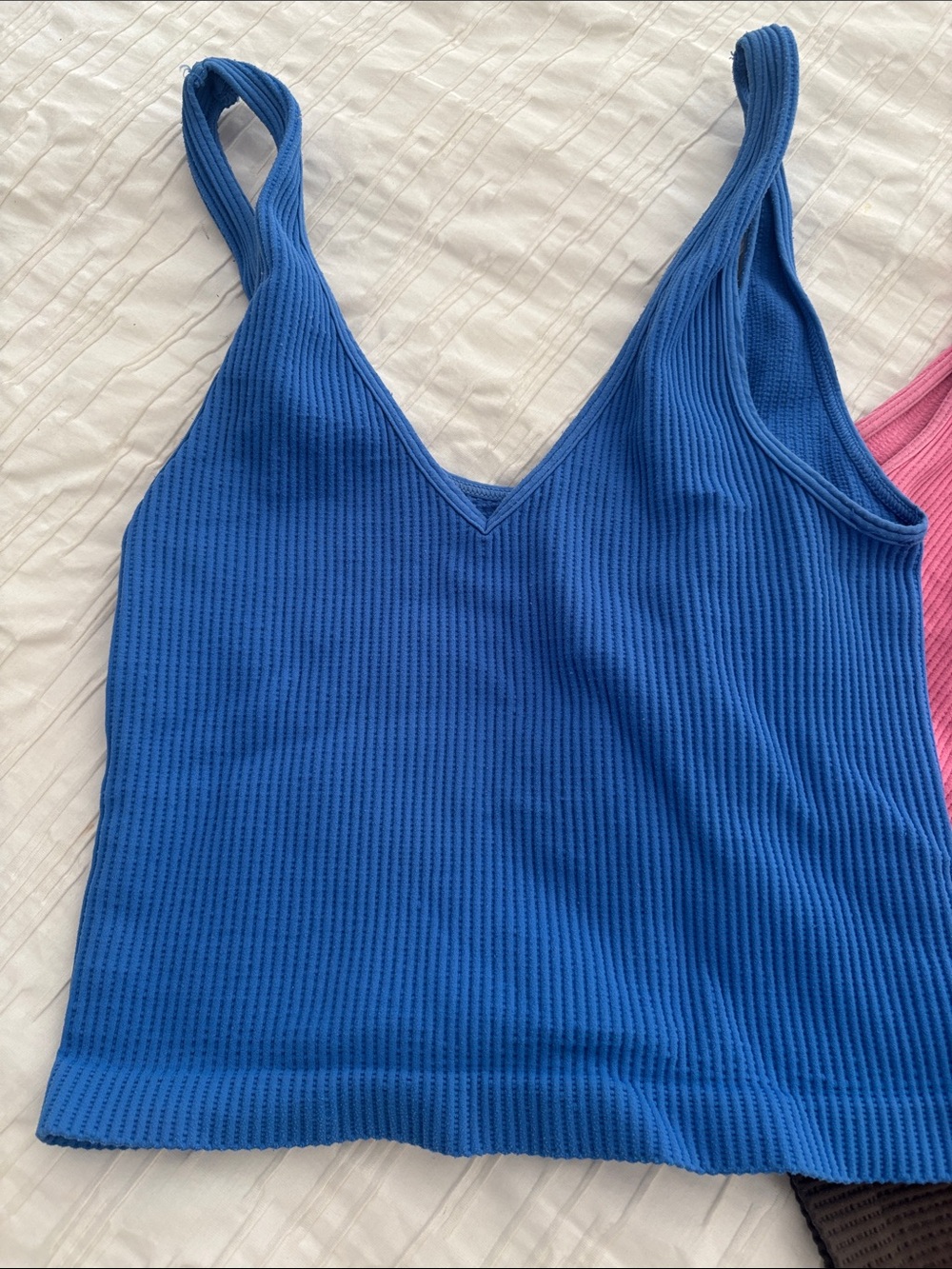 Nikibiki Ribbed V-Neck Tank Tops — Pink, Blue & Brown Trio - Picture 3 of 5